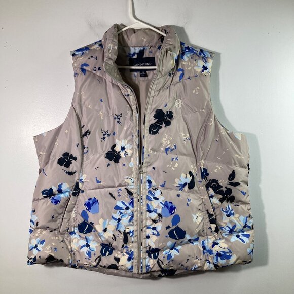 Womens Lands End Floral Down Puffer Vest Gray Tan Blue 2X Polyester Down Feather - Picture 1 of 6